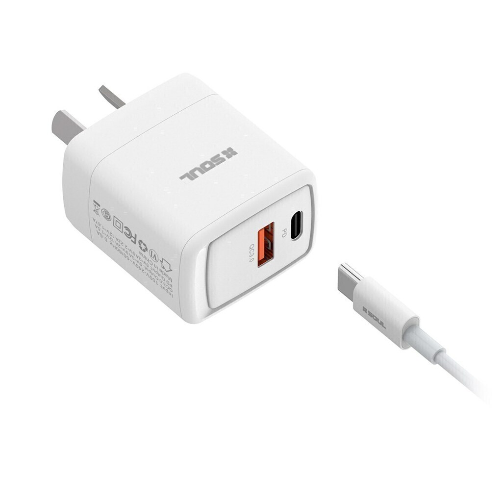 Cargador viajero Soul  PD+USB QC CABLE TYPE-C a TYPE-C