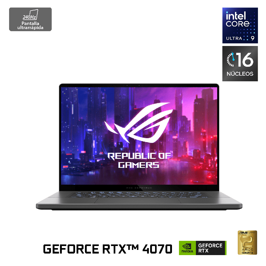 Notebook Gamer ROG Zephyrus G16 Intel® Core™ Ultra 9 de 16 Núcleos NVIDIA GeForce RTX 4070 32GB 1TB SSD 240HZ OLED GU605MI-QR118W